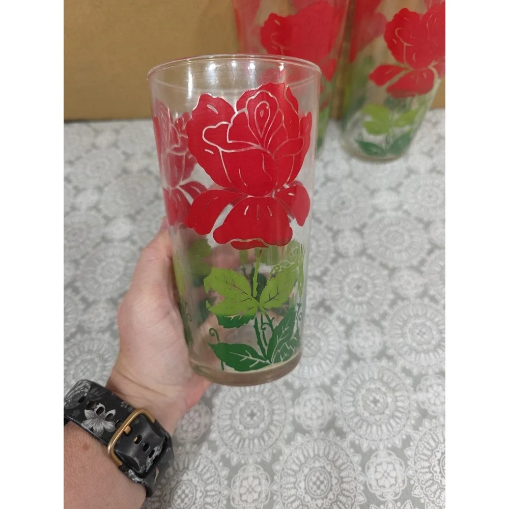 Set of 3 Vintage Red Rose Glass Tumblers Drinking Glasses 16‎ Oz. MCM - Picture 2 of 3